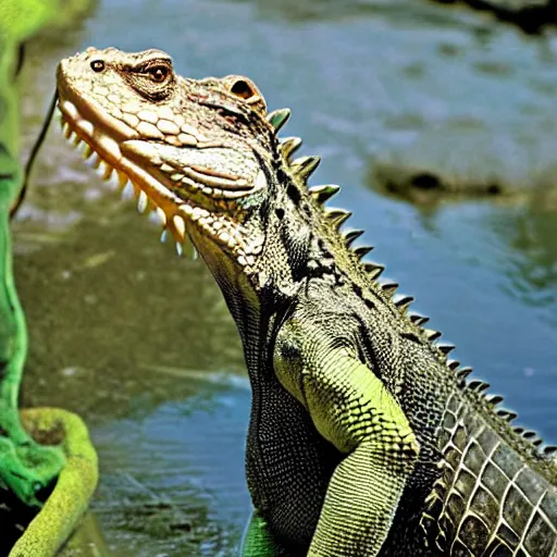 Prompt: crocodile and iguana hybrid, half crocodile half iguana