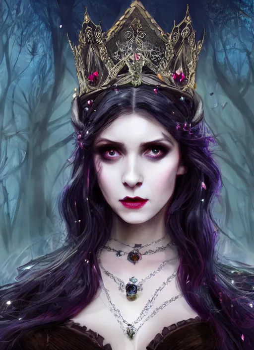 Image similar to mysterious beautiful Victorian vampire princess with long hair and a jeweled crown, fantasy, medieval, vivid colors, fantasy, elegant, concept art, sharp focus, beautiful face!!, digital art, Hyper-realistic, 4K, Unreal Engine, Highly Detailed, HD, Dramatic Lighting by Brom, trending on Artstation