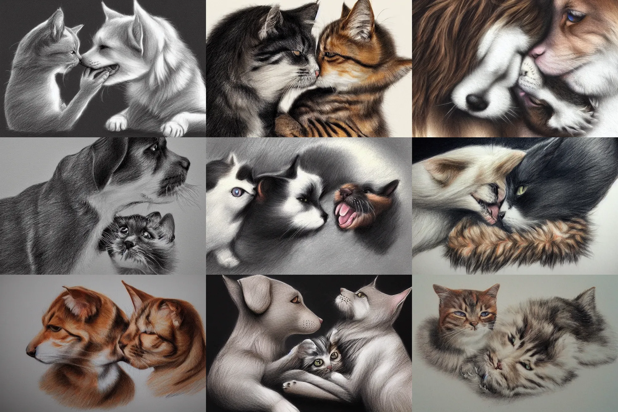 Prompt: cat and dog licking each other, cute drawing, concept art, trending on Artstation, realistic, very beautiful fur, perfect animal