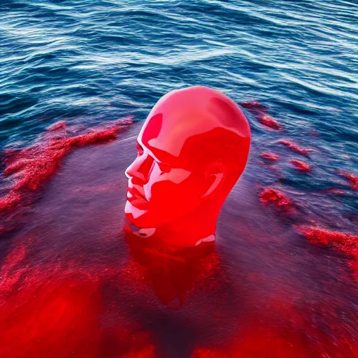 Prompt: a giant human head sculpture in the sea made out of juicy and transparent red jelly, long shot, hyper detailed, hyper realistic, ray tracing, 8 k resolution, sharp focus, realistic water, award winning