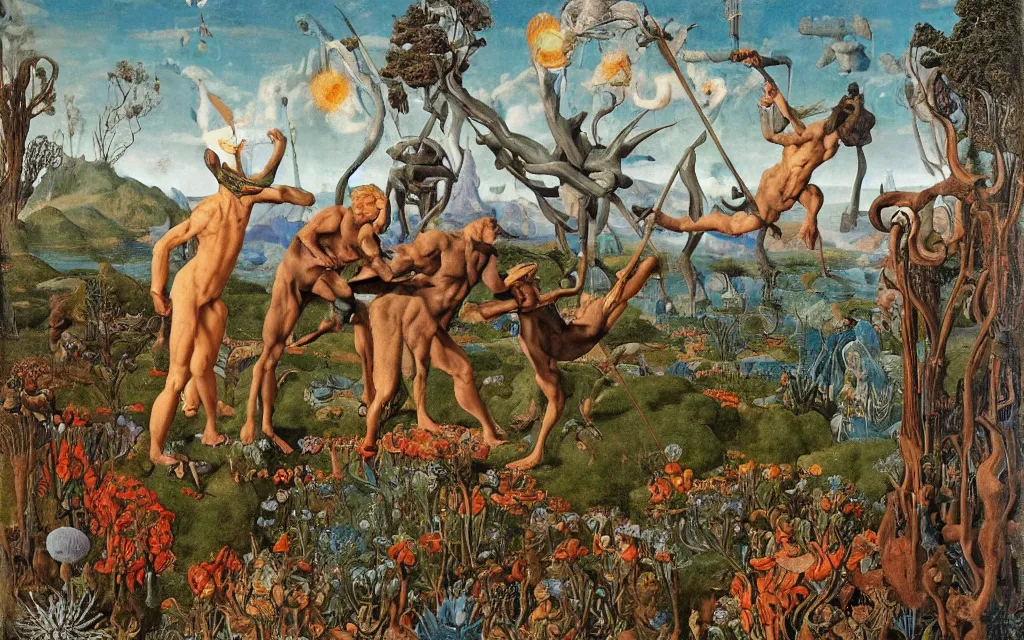 Prompt: a portrait photograph of a meditating satyr and a centaur monk riding a rocket machine and hunting at a river delta. surrounded by bulbous flowers and trees. mountain range under a blue sky of fiery stars. by jan van eyck, max ernst, ernst haeckel, ernst fuchs and artgerm, cgsociety, fashion editorial, 8 k