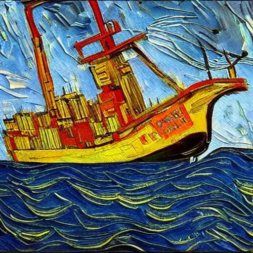 Prompt: oil painting of a fpso in the style of van gogh, natural background, trending on artstation, rough seas