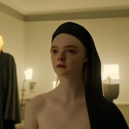 Prompt: Elle Fanning with a creepy cult at night in the world of Edward Hopper, stormy snowy weather, beach, fire, black robes, extremely detailed masterpiece, oil on canvas, low-key neon lighting, artstation, Blade Runner 2049, Roger Deakin’s cinematography, by J. C. Leyendecker and Peter Paul Rubens,