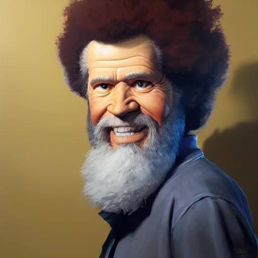 Prompt: Greg Manchess portrait painting of Bob Ross as Overwatch character, insane, medium shot, asymmetrical, profile picture, Organic Painting, sunny day, Matte Painting, bold shapes, hard edges, street art, trending on artstation, by Huang Guangjian and Gil Elvgren and Sachin Teng