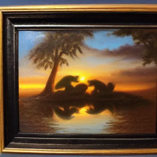 Prompt: Oil painting. Two frogs sat on a log. Pond setting. Sunset.