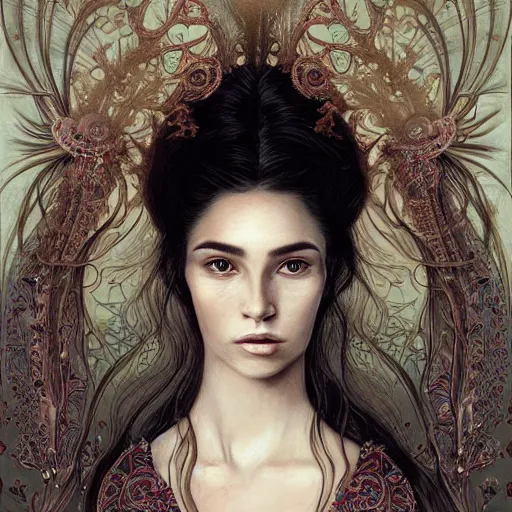Prompt: facial portrait of a young pretty woman in flowing dress, arrogant, mysterious, long fine flowing hair, delicate, looking at camera, slightly awkward smile, realistic face, no hands visible, intricate, stylish, elegant, grimdark fantasy, vibrant, extremely detailed painting by Greg Rutkowski and Ernst Haeckel and Harumi Hironaka