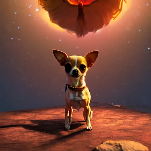 Prompt: a chihuahua living in an extradimensional reality where it is a god, in the style of wlop, illustration, epic, fantasy, hyper detailed, smooth, unreal engine, sharp focus, ray tracing, physically based rendering, renderman, beautiful