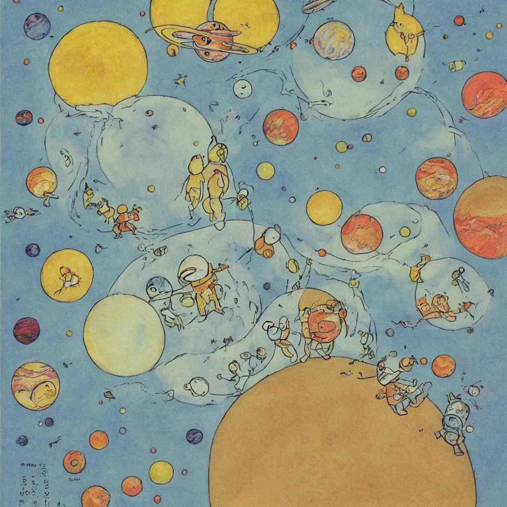 Image similar to single planet, cute, art print, lithography, baby room, by elsa beskow, saturn