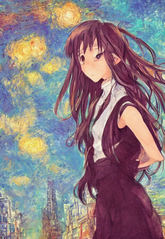 Image similar to wide angle anime portrait of a teenage girl, a thrifty outfit, very anime in impressionist style, city street view background, starlit night sky, trending artwork, anime painter studio, by claude monet