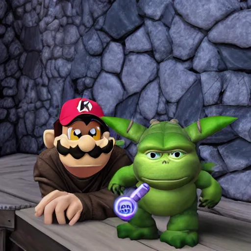 Image similar to skyrim anime godzilla yoda donkey kong pikachu yeti shrek super mario homer groot waluigi darth vader mike wazowski, highly detailed, extremely high quality, hd, 4 k, 8 k, professional photographer, 4 0 mp, lifelike, top - rated, award winning, cinematic, realistic, detailed lighting, detailed shadows, sharp, no blur, edited, corrected, trending