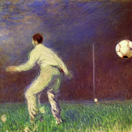 Image similar to monet painting of a skinny man playing warzone on an oversized computer, a soccer ball flying towards him from behind, highly detailed, realistic,