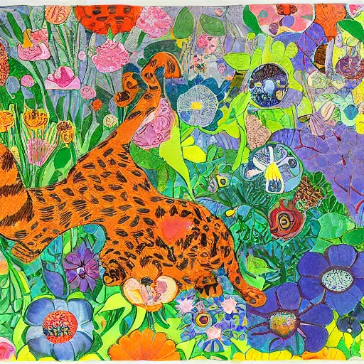 Prompt: cat playing in a garden of flowers, a mix media painting by Victo Ngai, laurel burch and Leonardo da Vinci and Natalia Goncharova, cluttered , child's drawing