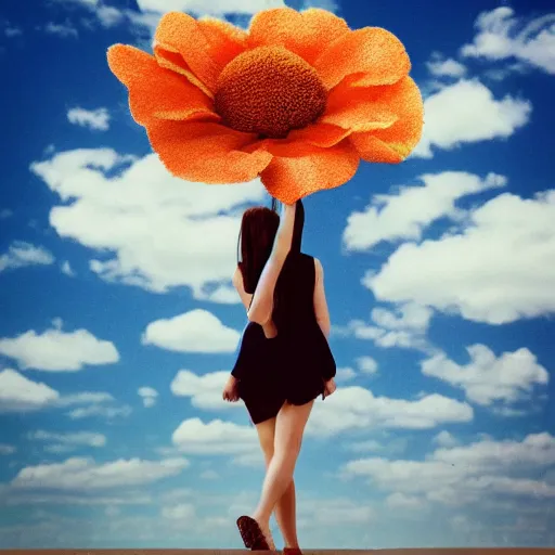 Prompt: giant flower head, woman walking, surreal photography, cinematic, blue sky, symmetry, detailed, bright, retro, wes anderson