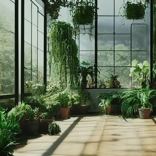 Prompt: sunroom made of plants and filled with plants, sunlight coming in. intricate artwork. halo. octane render, cinematic, hyper realism, octane render, 8k, bokeh, dark, mist, illuminating fog, vibrant colors. scheme.