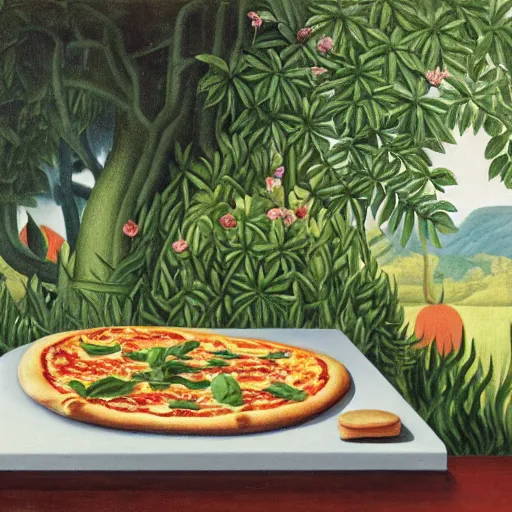 Image similar to A magaritha pizza on a marble table in a garden by Henri Rousseau