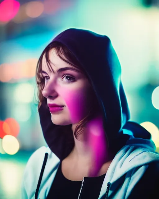 Prompt: a closeup portrait of as beautiful young woman wearing a transparent hoody standing in the middle of a busy night road, misty with lots of bright neon lights on the background, very backlit, moody feel, dramatic