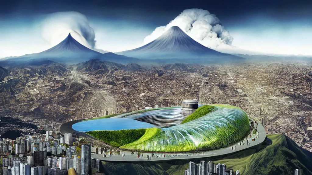 Image similar to Nuclear; Mountain, Nature, City; Harmony; Quito, Ecuador; by Oswaldo Moncayo and Vincent Callebaut; Art Direction by James Cameron;