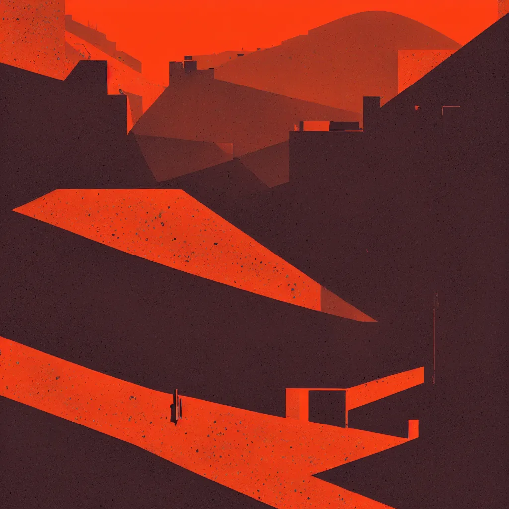 Prompt: mars by, mads berg, karolis strautniekas, film noir, stippled light, dramatic lighting, editorial illustration, detailed, fine texture, matte print, art deco, brutalism, dark blue + dark orange, red, black, ( ( habitat 6 7 background ) )