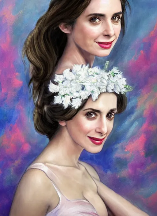 Image similar to Greek goddess Alison Brie in her best gala clothes staring in amusement at you. soft detailed painting at 16K resolution and amazingly epic visuals. epically beautiful image. amazing effect, image looks gorgeously crisp as far as it's visual fidelity goes, absolutely outstanding. vivid clarity. ultra detail. iridescent. mind-breaking. mega-beautiful pencil shadowing. beautiful face. Ultra High Definition. soft shading. soft texture. intensely beautiful.