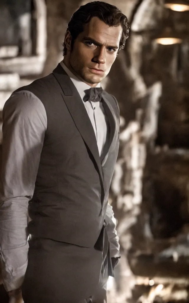 Image similar to henry cavill in the role of james bond, by barret frymire, cinematic, moody lighting, cinematic lighting