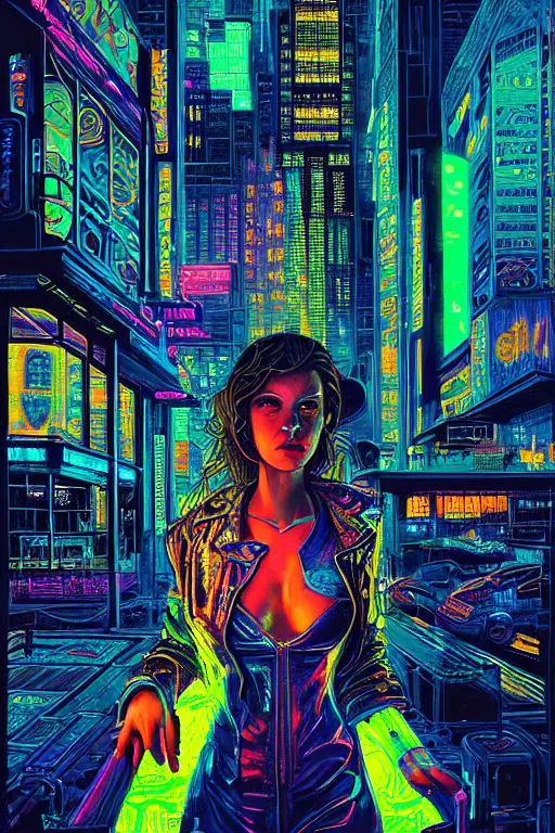 Prompt: dreamy cyberpunk girl, neon coat, detailed acrylic, city bar, intricate complexity, by dan mumford and by alberto giacometti, peter lindbergh