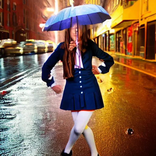 Image similar to night flash portrait photography of a high school girl in catholic uniform on the lower east side by annie leibovitz, colorful, nighttime!, raining!