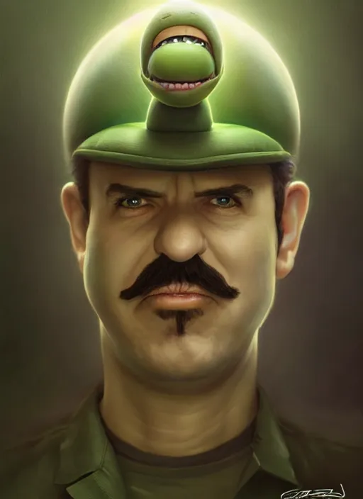 Image similar to hyper realistic, portrait of a mega derpy luigi by greg rutkowski, scott m fischer, artgerm, loish, slight glow, atmospheric, anne stokes, alexandros pyromallis