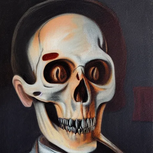 Image similar to a scary portrait of a man with a skull as his head, he is wearing a suit, in the style of Francis Bacon, 4k,