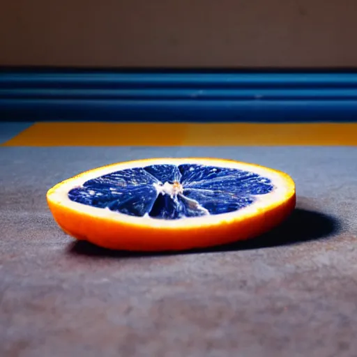 Prompt: A blue orange sliced in half laying on a blue floor in front of a blue wall