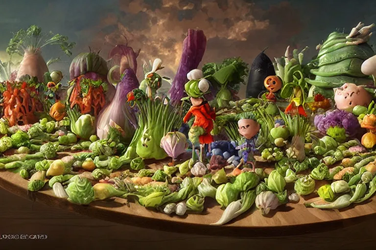 Image similar to miniature vegetable creatures parade on a cutting board. big chef in a kitchen in the background. digital art, realistic, pixar style, highly detailed, cinematic, matte painting, vivid colors, realistic, epic, low angle, lighting, by greg rutkowski and artgerm and alphonse mucha