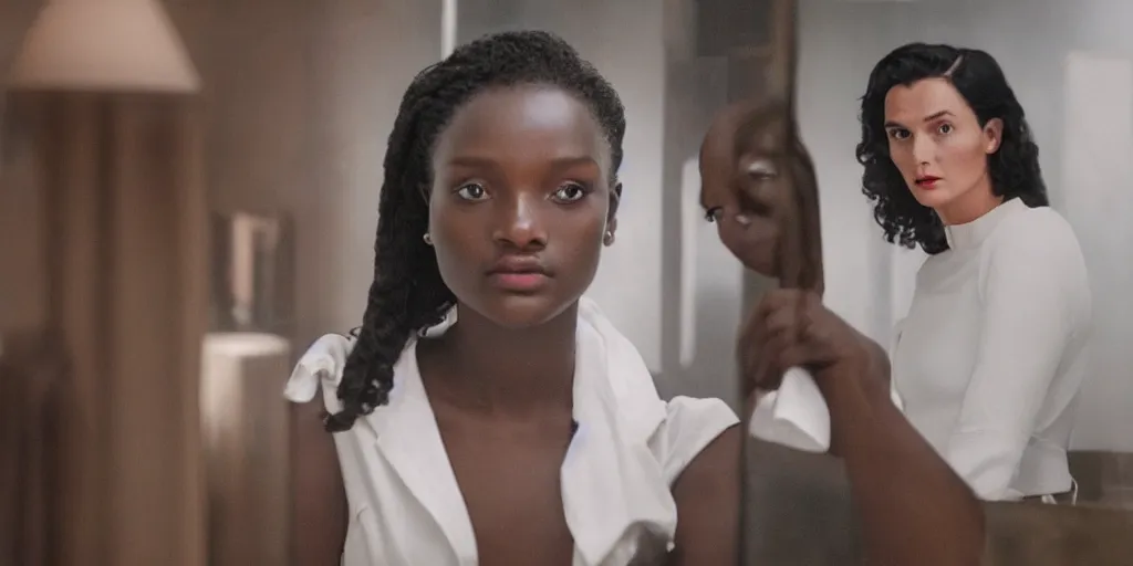 Prompt: ultra wide angle photo of jodie turner - smith dressed in a white blouse and black dress pants as diana prince looking at herself in a bathroom mirror and seeing her reflection as wonder woman