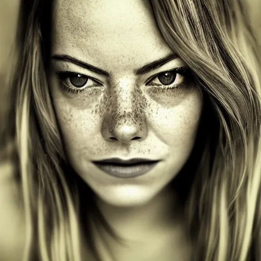 Prompt: headshot portrait photo of a beautiful emma stone, smooth skin, by lee jeffries