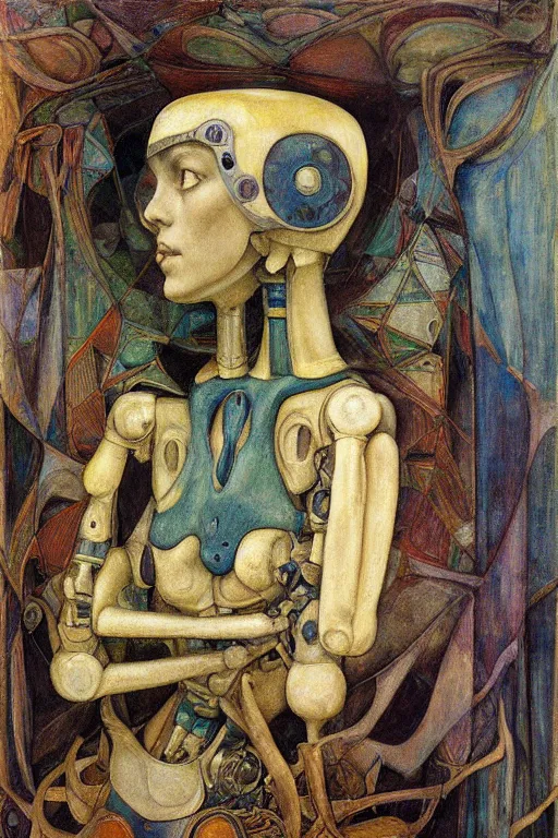 Image similar to the robot wearing her bone crown stands by the window , by Annie Swynnerton and Diego Rivera and Elihu Vedder, symbolist, dramatic lighting, elaborate geometric ornament, Art Brut, soft blues and greens,smooth, sharp focus, extremely detailed, Adolf Wölfli and Evelyn De Morgan