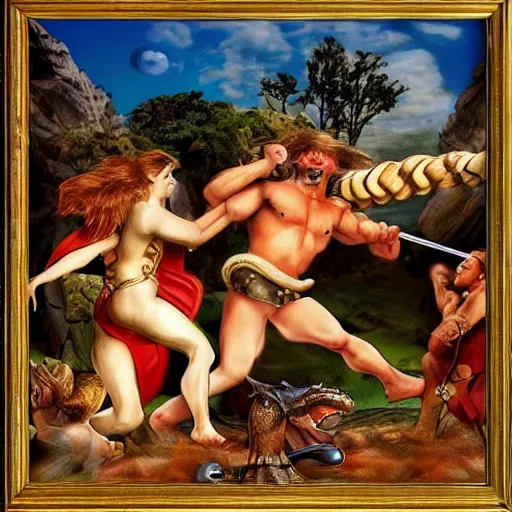 Prompt: Artistic of photo Hercules fighting Acheloos transformed into a snake inside a mcDonalds