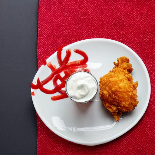 Image similar to a fried chicken milkshake with the kfc logo next to a shrimp wearing a little red dress on a plate, food photography, studio lighting, hyper realistic, sharp focus, hyper - realistic, 8 k resolution