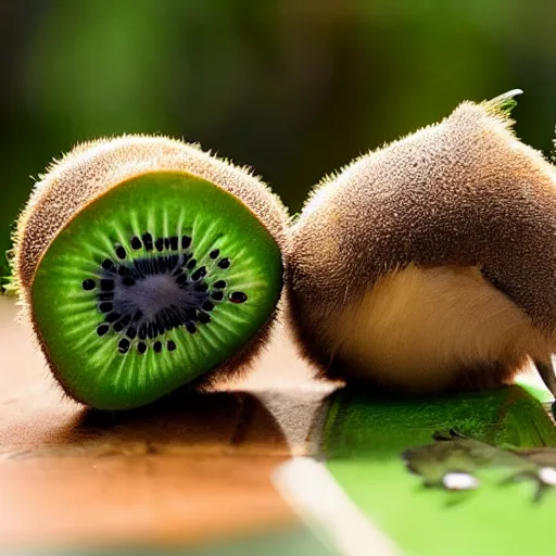 Image similar to a kiwi bird cut in half to reveal a kiwi fruit inside