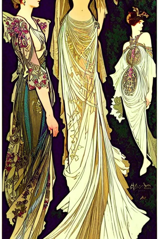 Image similar to 4 elegant full length dress designs with natural history prints designed by alphonso mucha