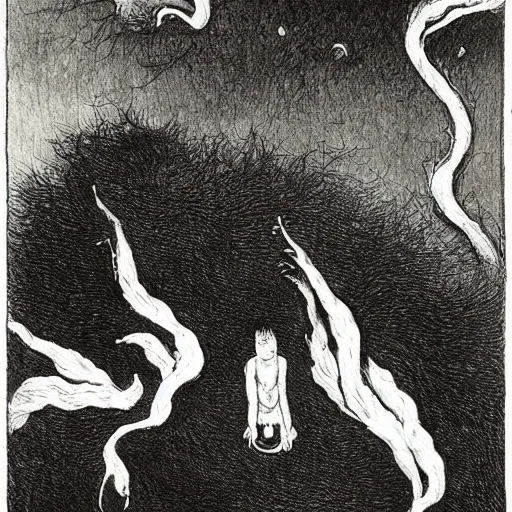 Prompt: limbo, sulfur, underworld, wind kissed ( ( ( ( picture ) ) ) ), ashes, lament, by maurice sendak, edward gorey, charles addams,