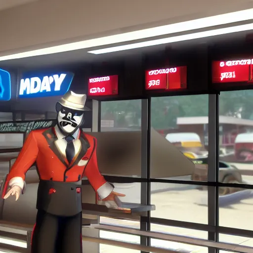 Prompt: Dallas from payday two at a McDonalds