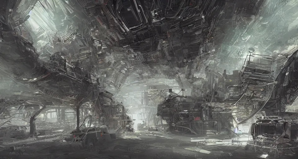 Image similar to futuristic factory in a dark cave, intricate, elegant, highly detailed, digital painting, volumetric light, artstation, concept art, smooth, sharp focus