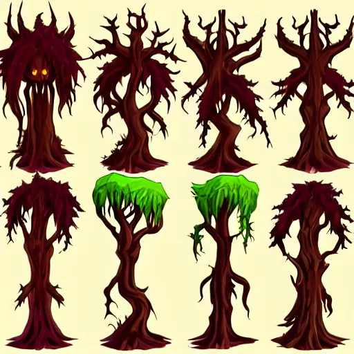 Prompt: a set of demonic trees, sprite assets for video game