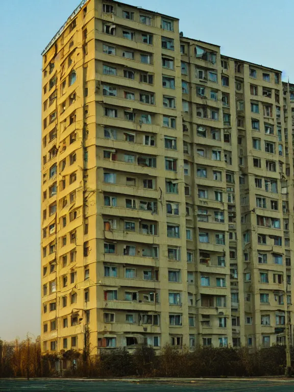 Prompt: photo of soviet panel apartment building, dawn, extreme wide shot, golden hour, kodak gold 2 0 0, side - view