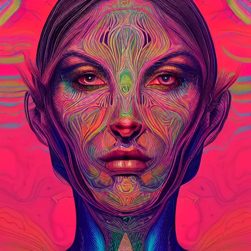 Image similar to An extremely psychedelic portrait, surreal, LSD, face, detailed, intricate, elegant, lithe, highly detailed, digital painting, artstation, concept art, smooth, sharp focus, illustration, art by Kilian Eng