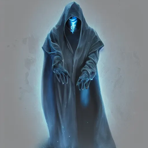 Prompt: award - winning. trending on artstation. 4 k. eerie tone. an astral figure wearing a hooded cape with a dark blue glowing eye as its face. portrait.