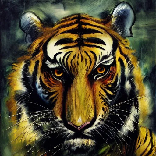 Prompt: tiger in the cityby dave mckean and yoji shinkawa, oil on canvas