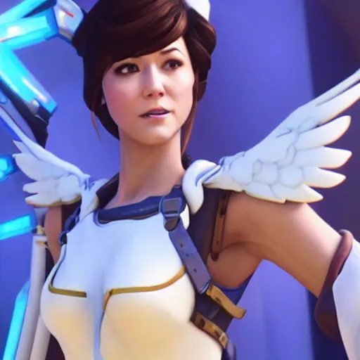 Prompt: film still of mary elizabeth winstead as mercy in overwatch ( 2 0 2 3 )