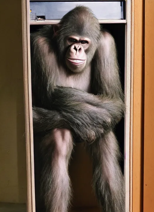 Image similar to uncanny hybrid human - ape, half human half ape inside fuse box in post communist apartment building