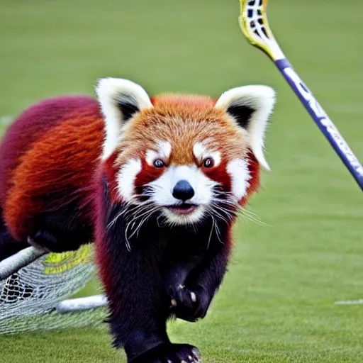 Image similar to national geographic photograph of a red panda playing lacrosse