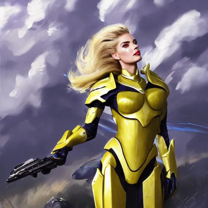 Image similar to A combination of Adriana Dxim's and Grace Kelly's and Ashley Greene's appearances with blonde hair wearing Interceptor's armor from Anthem, countryside, calm, fantasy character portrait, dynamic pose, above view, sunny day, thunder clouds in the sky, artwork by Jeremy Lipkin and Giuseppe Dangelico Pino and Michael Garmash and Rob Rey and Greg Manchess and Huang Guangjian, very coherent asymmetrical artwork, sharp edges, perfect face, simple form, 100mm