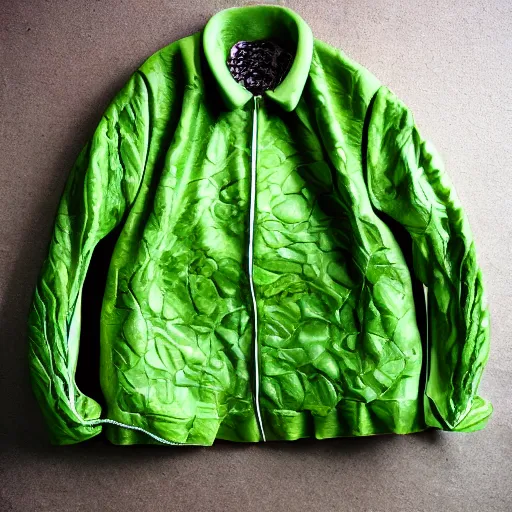 Prompt: jacket made out of cabbage, photorealistic, studio, detailed